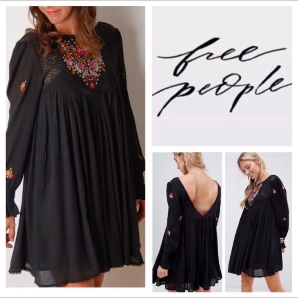 FREE People black crepe embroidered long sleeve v back bohemian mini dress